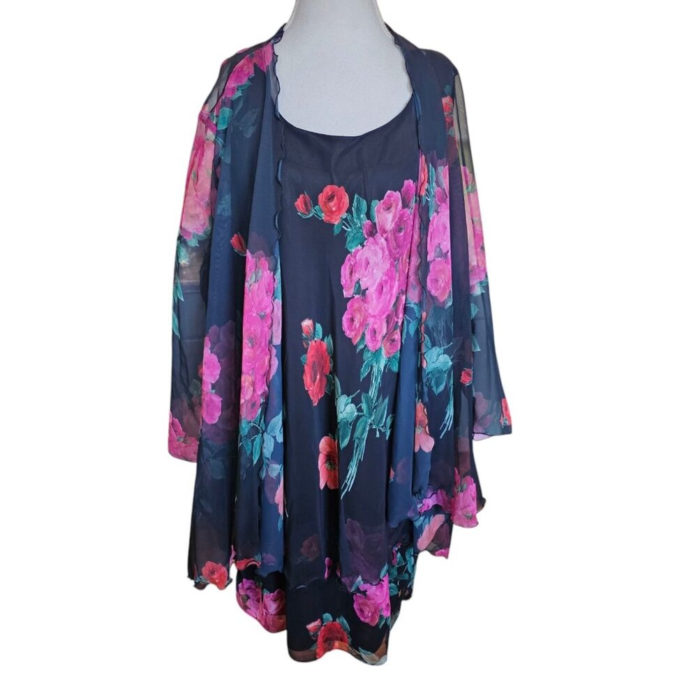 90s‎ VTG Womens Black Floral Dress Flowy Sheer Duster Layered Whimsigoth Sz 16